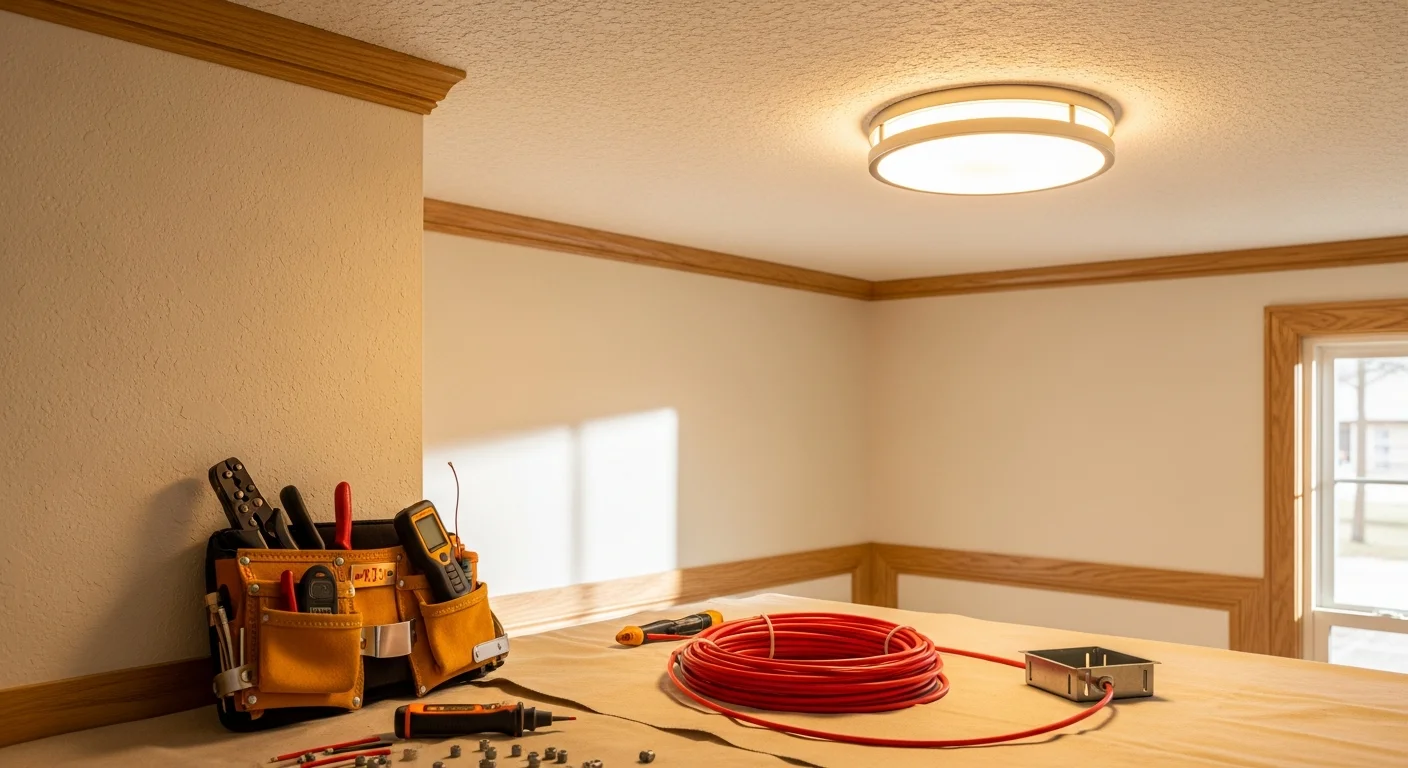 Electrician installing new ceiling light fixture in a residential kitchen