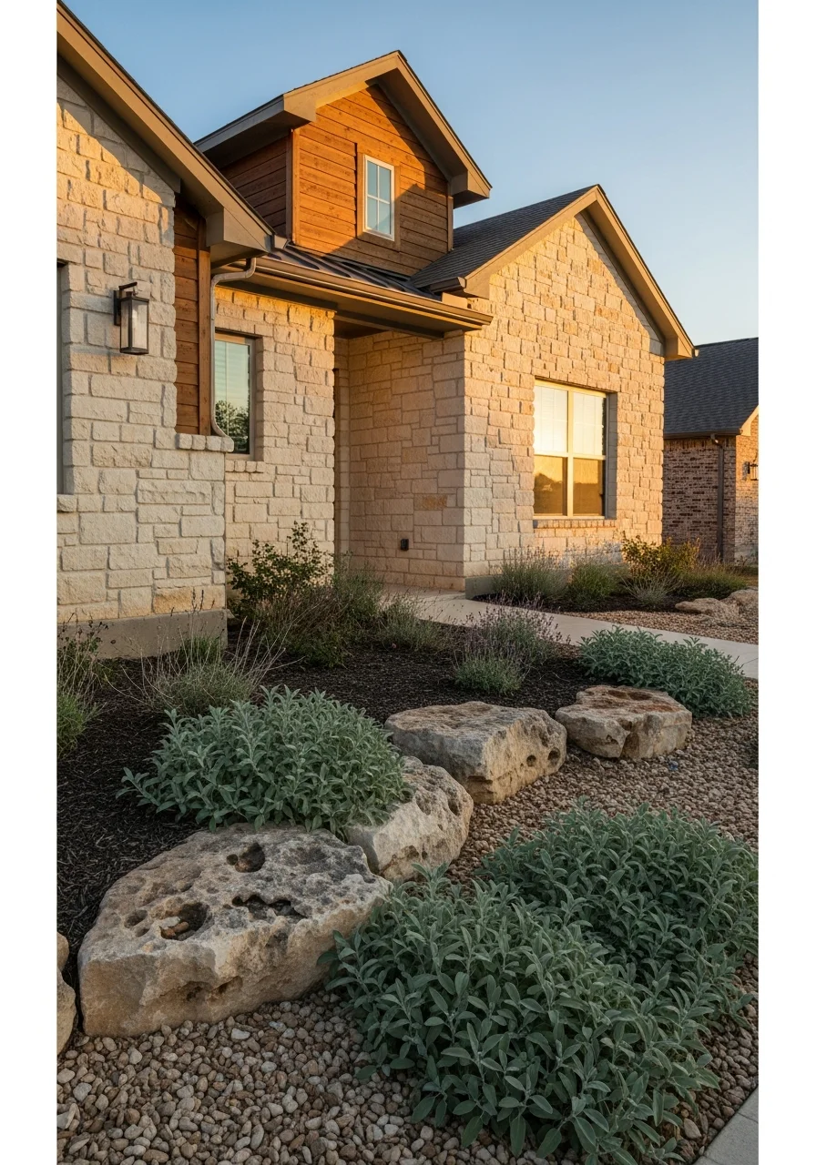 Boerne home exterior with Hill Country stone and native landscaping details.