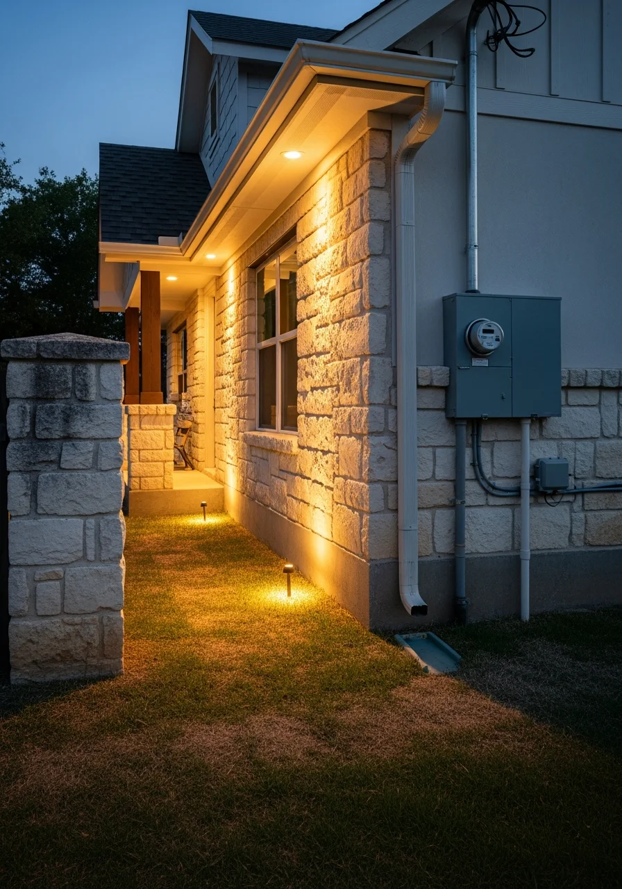 Residential home in Castroville Texas with modern electrical upgrades and outdoor lighting