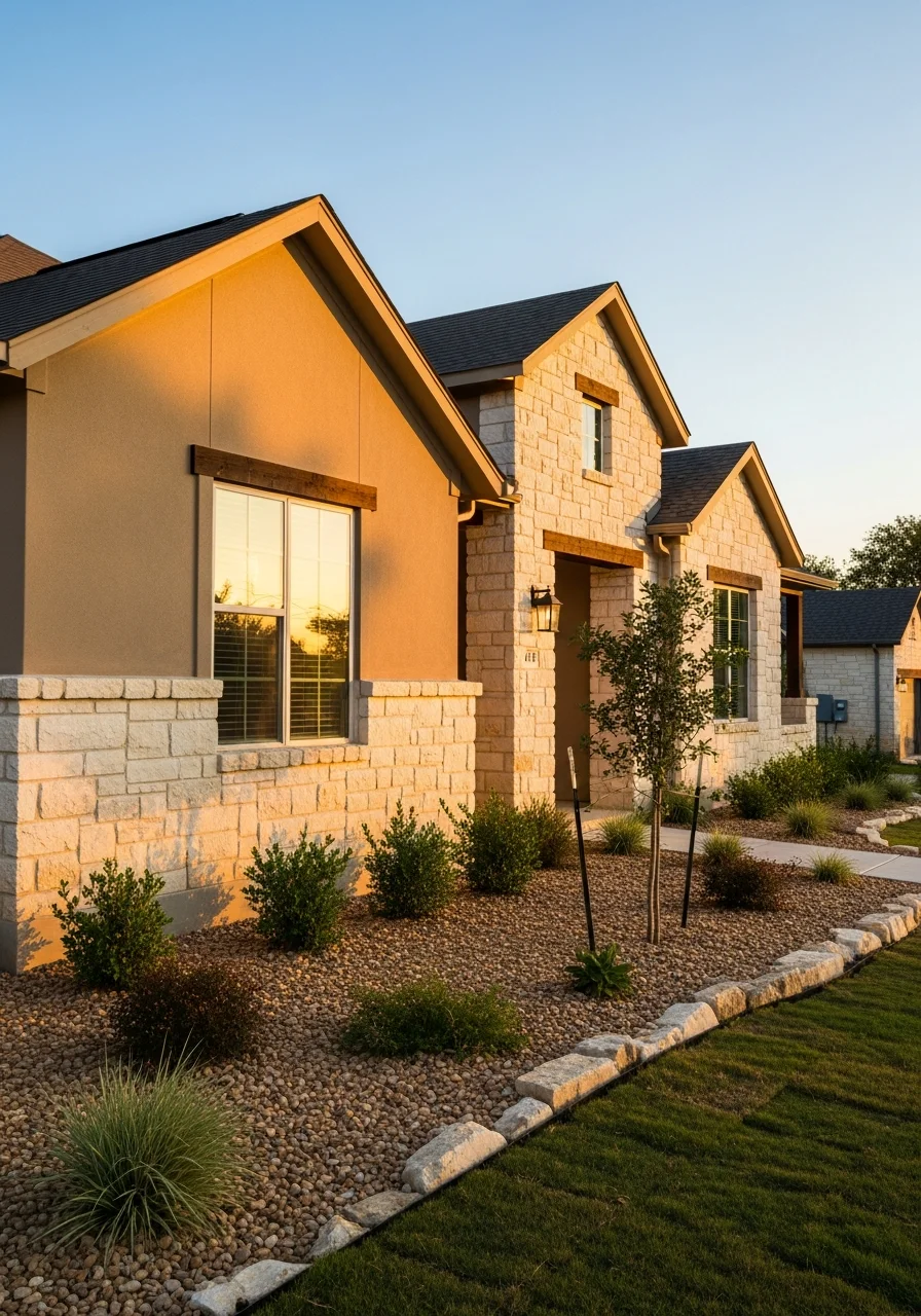 Close-up of a New Braunfels home with native Texas landscaping and stone accents.
