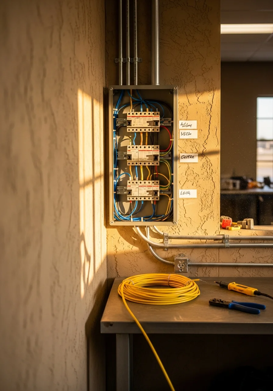 Commercial electrical installation work in progress at Selma business