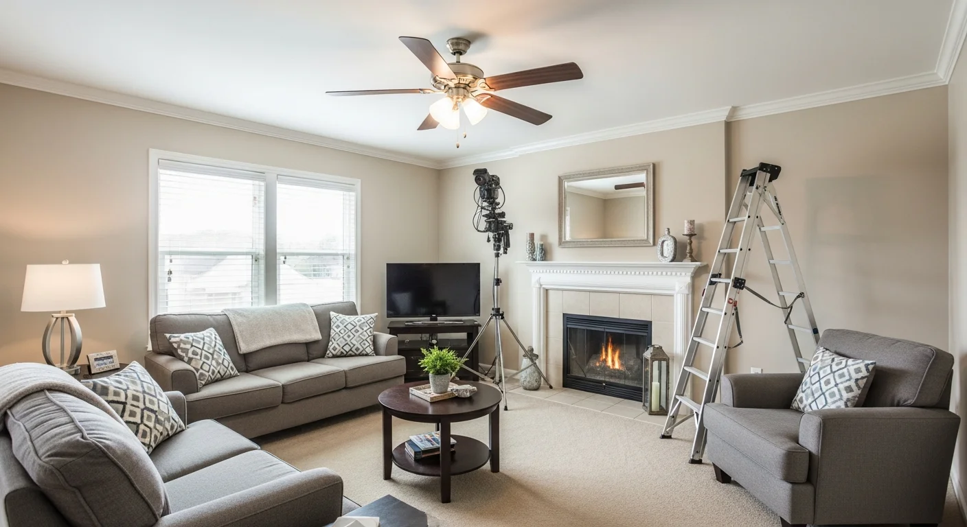A licensed electrician from Energon Electric mounting a ceiling fan to a fan-rated ceiling box in a Kyle, Texas home with an open-concept living room. The fan blades are fully assembled and the wiring connections are complete prior to final balancing.
