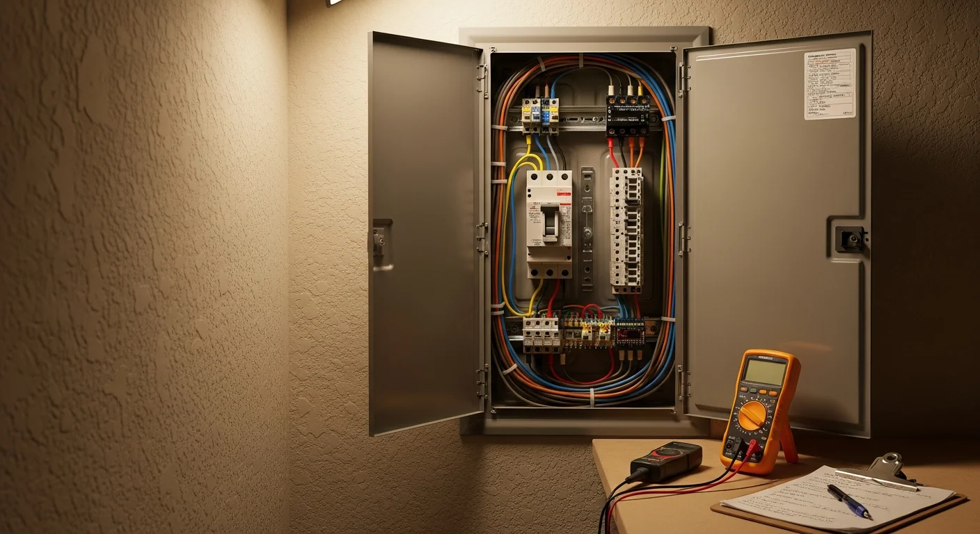 A licensed electrician replacing a faulty circuit breaker inside a residential electrical panel in a Kyle, Texas home. The panel is open with clearly labeled breakers visible and the electrician using insulated tools on the identified faulty breaker slot.