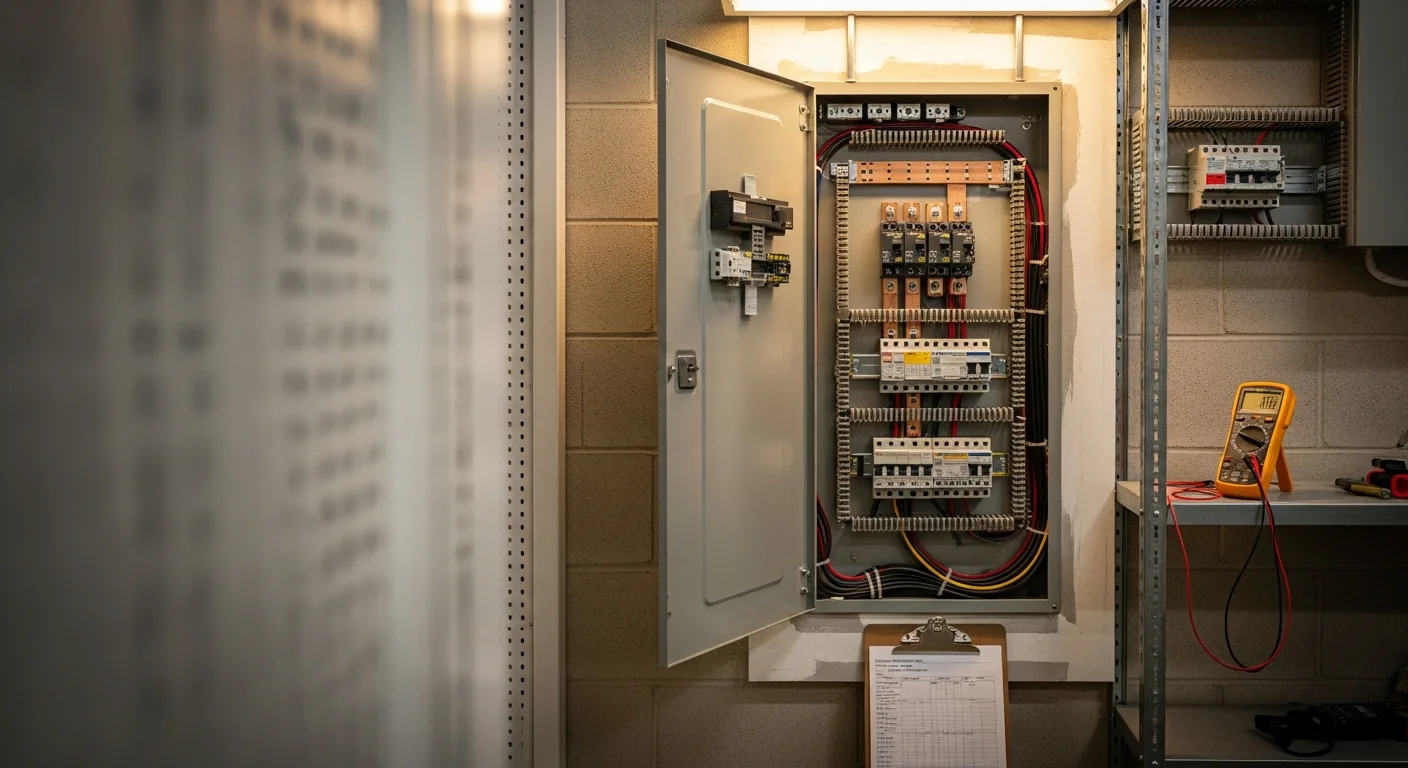 A licensed electrician from Energon Electric inspecting a commercial electrical panel inside a Kyle, TX business. The panel cover is open and the electrician is reviewing circuit breakers and wiring connections.