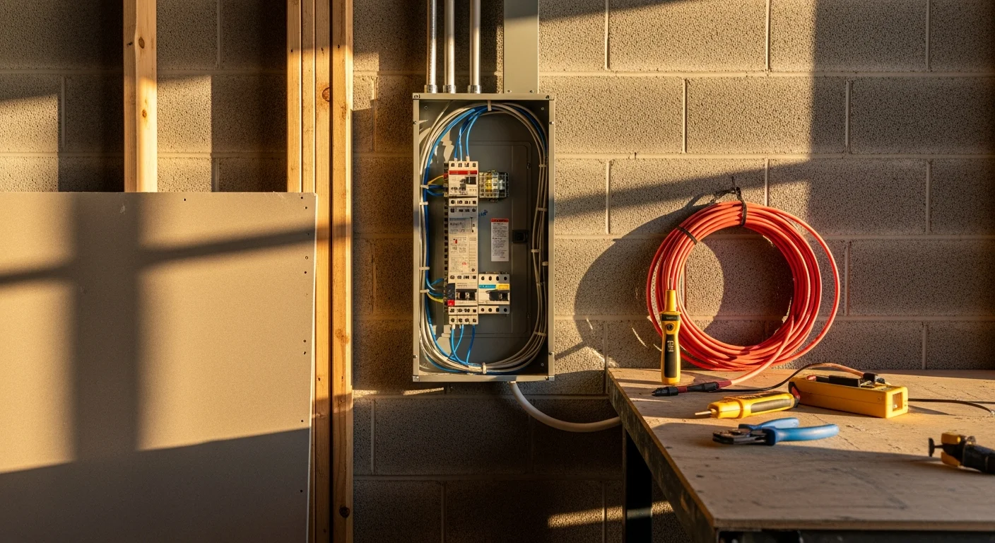 A licensed electrician from Energon Electric installing a commercial electrical panel inside a new construction retail building in Kyle, TX. Conduit runs and labeled circuit breakers are visible in a clean, code-compliant panel enclosure.