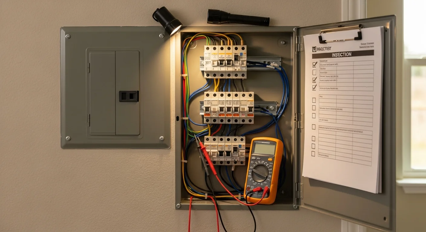 A licensed electrician from Energon Electric inspecting a residential electrical panel inside a Kyle, TX home. The panel cover is open and the electrician is checking breakers and wiring connections.