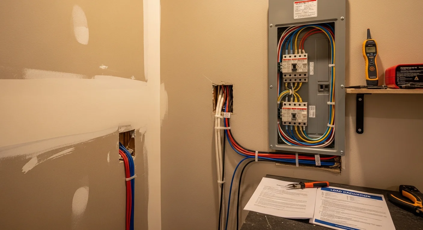 A licensed electrician installs a new residential electrical panel inside a Kyle, TX home. The panel is mounted on an interior wall with clearly labeled circuit breakers and organized wiring.