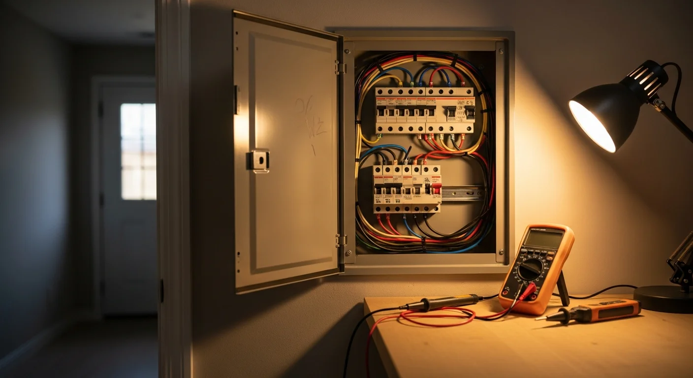 A licensed electrician from Energon Electric inspecting a residential circuit breaker panel inside a Kyle, TX home. The panel cover is open and the electrician is using a diagnostic tool to identify a faulty breaker.