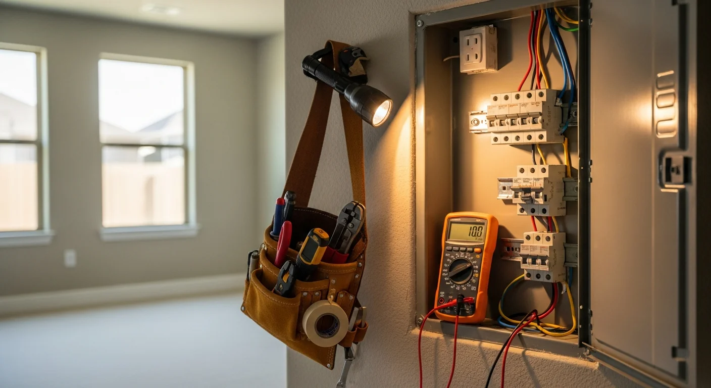 A licensed electrician inspecting an open residential electrical panel inside a Kyle, Texas home, checking breakers for signs of overheating or fault during an emergency service call.