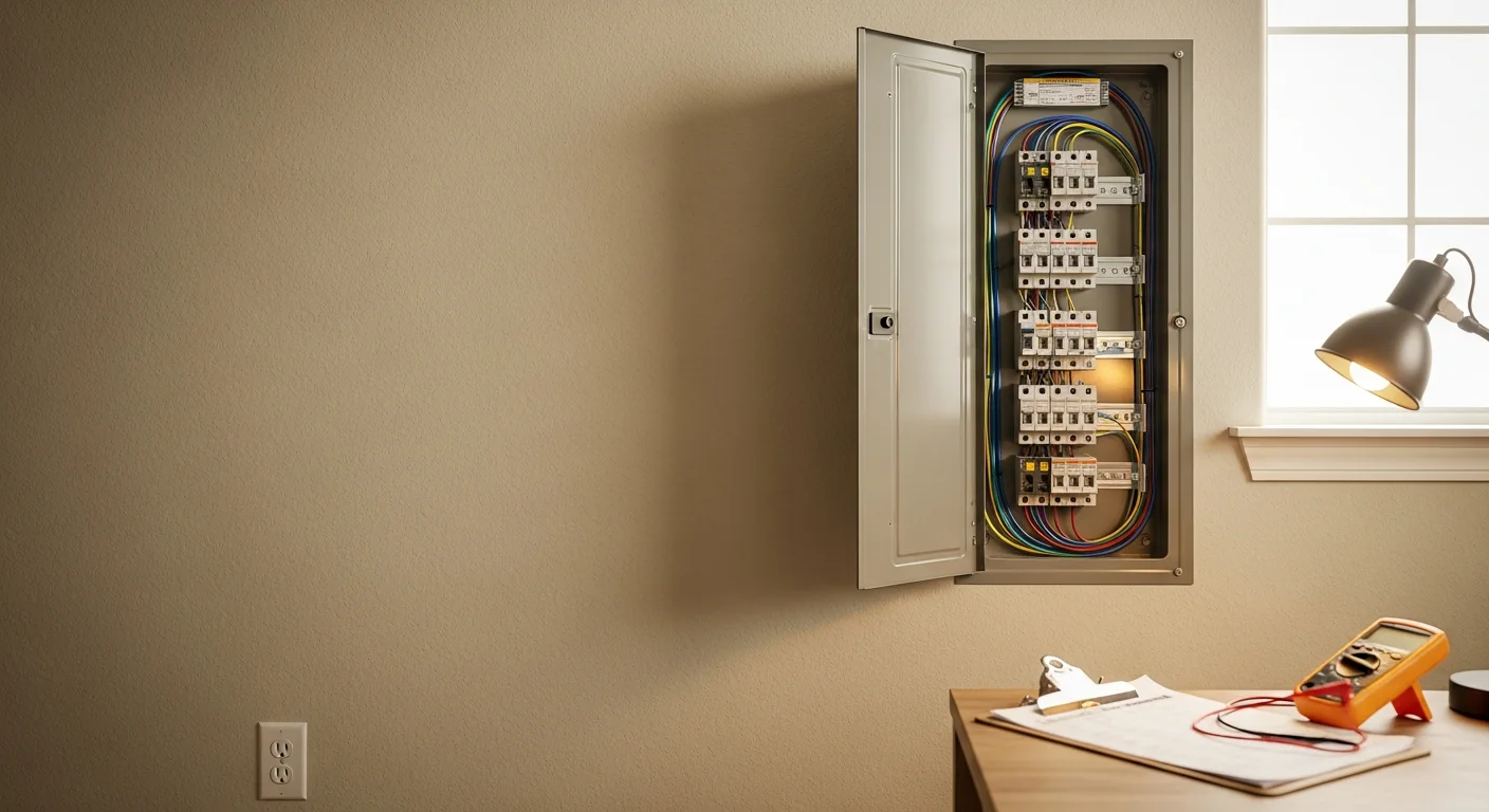 A licensed electrician from Energon Electric inspecting a residential electrical panel inside a Kyle, TX home. The panel cover is open and the electrician is checking breaker labels and wiring connections.