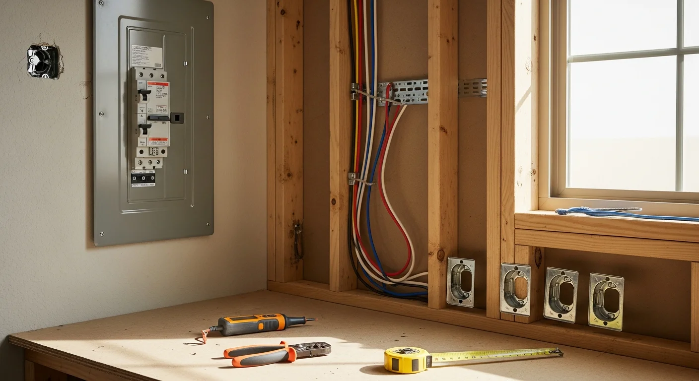A licensed electrician installs a dedicated circuit and GFCI outlet at a kitchen countertop in a Kyle, TX home during a remodel. The wall is open to show new wiring run to an updated electrical panel.
