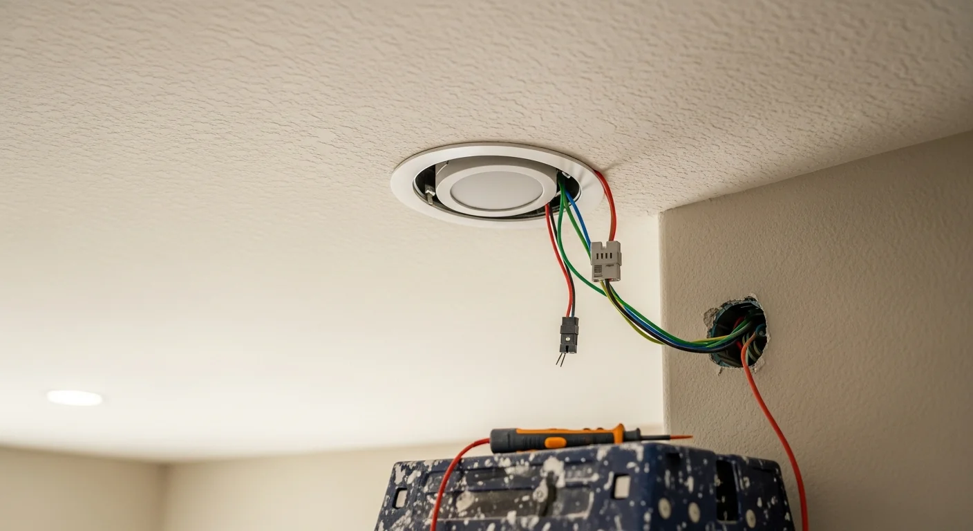 A licensed electrician from Energon Electric installing a ceiling light fixture in a Kyle, Texas home. The electrician is working at a ceiling junction box in a residential room with finished drywall.