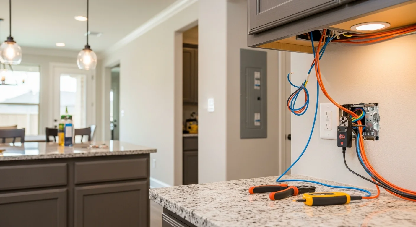 A licensed electrician installing recessed ceiling lights in a kitchen inside a single-family home in Kyle, Texas. Finished fixtures illuminate the countertops and open-concept living area with even, shadow-free light.