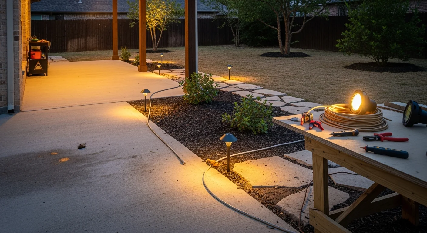 Outdoor lighting fixtures illuminating the pathway and front yard of a single-family home in Kyle, TX at dusk. Accent lights highlight the home's stone exterior and landscaping along the driveway.