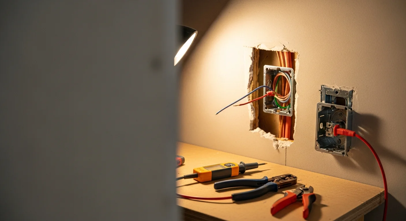 A licensed electrician from Energon Electric installing a new GFCI outlet in a remodeled kitchen in Kyle, Texas. The finished outlet is flush-mounted in a white wall with a clean cover plate and no exposed wiring.