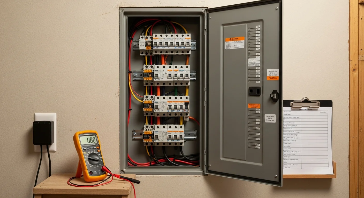 A licensed electrician from Energon Electric inspecting an open residential breaker panel inside a Kyle, TX home. The electrician examines circuit breakers, wiring connections, and labeling on a gray metal panel box mounted on an interior wall.