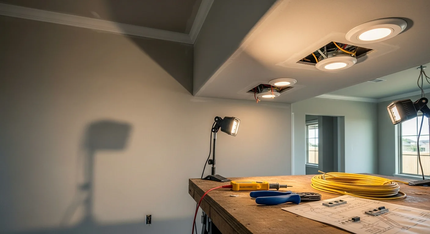 Recessed LED lighting installed flush into a white ceiling in a Kyle, Texas home with an open-concept living and kitchen area. Multiple evenly spaced fixtures illuminate the room without visible surface-mount hardware.