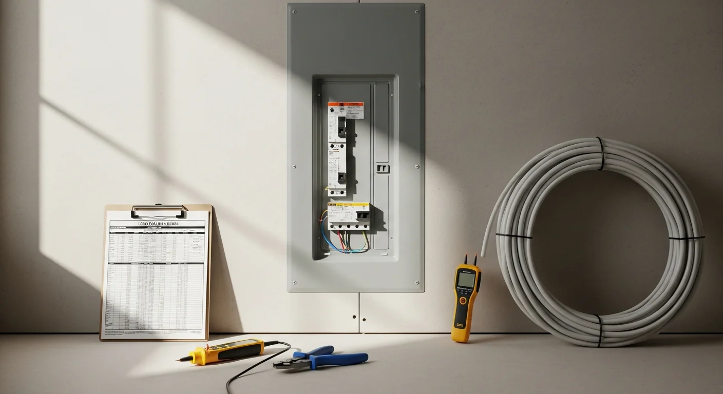 A licensed electrician installs a residential electrical panel inside a Kyle, Texas home, with new circuit wiring visible in an open wall. The panel is mounted in a utility room typical of post-2000 suburban construction in the Kyle area.