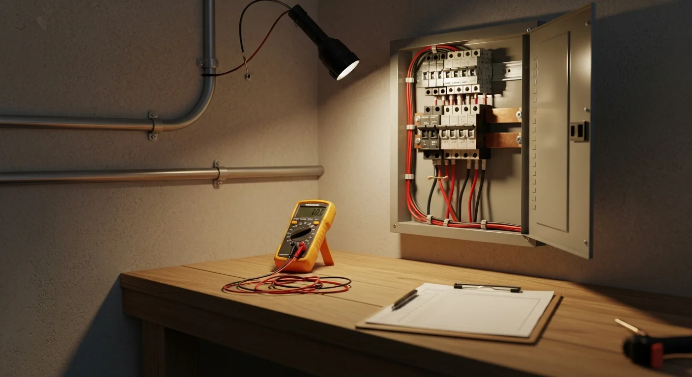 A licensed electrician from Energon Electric inspecting residential wiring inside an electrical panel at a Kyle, TX home. The electrician examines circuit breakers and branch circuit connections during a wiring inspection.